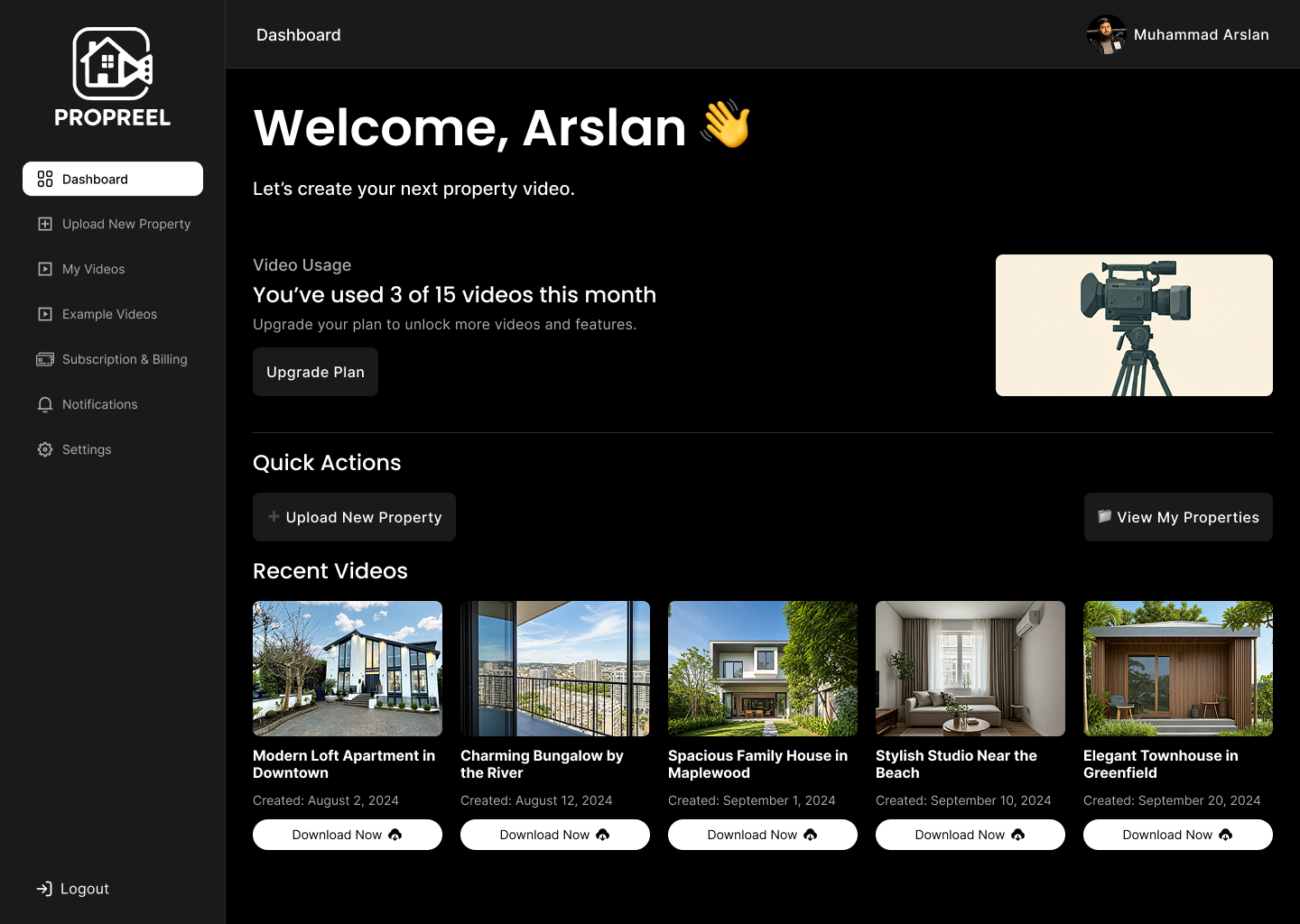 PropReel Real Estate Web App interface preview